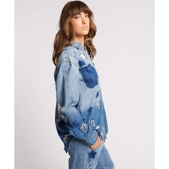 New Free People x One Teaspoon JOHNNY BLUE STAR CLASSIC EVERYDAY SHIRT Size S - Picture 4 of 14